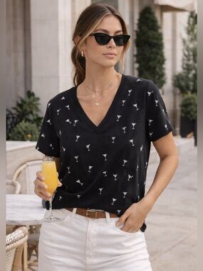 Fun + effortless Chaser black V-neck tee with mini martini glass print 🍸✨